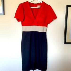 bdba red beige and dark blue fitted dress
